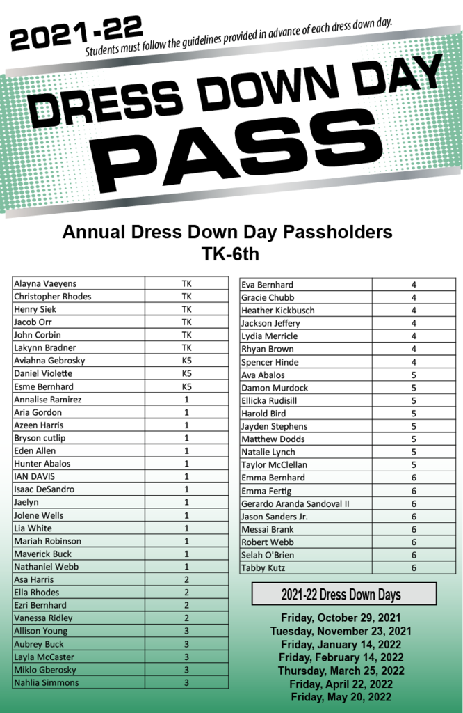 Dress Down Day Pass - TK-6th